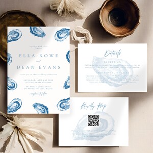 May include: Wedding invitation suite with a white background and blue oyster illustrations. The invitation includes the names Ella Rowe and Dean Evans, along with event details. Additional cards provide reception details and RSVP information.