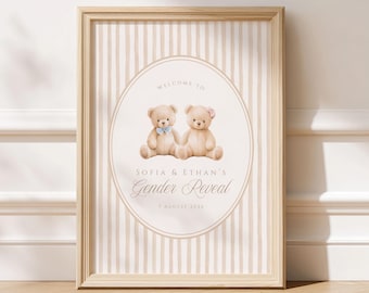 Bear Gender Reveal Welcome Sign, Editable Baby Shower Template, Teddy Bear Party Decor, Digital Download 3052
