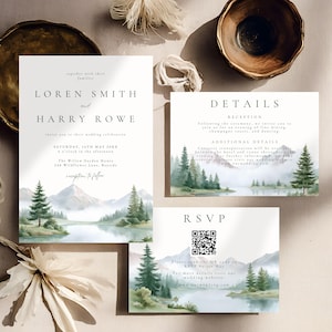 Mountain Wedding Invitation with QR Code, Rustic Outdoor Wedding Invite Template, Editable Printable | Digital Download for Weddings 4032