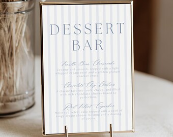 Plantilla de menú de postres azul, letrero de rayas para barra de postres de boda, imprimible y editable, boda costera moderna, descarga instantánea 4039