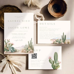 May include: A set of wedding stationery featuring a desert landscape with cacti and succulents. The invitation includes the names Laurel Ried and Jacob Lowe, with details of the wedding date and location. Additional cards provide reception and RSVP information.