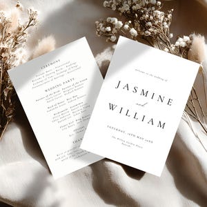 May include: Two white wedding programs with black text. One program reads "welcome to the wedding of JASMINE and WILLIAM" and the date. The other program lists the ceremony details and wedding party.
