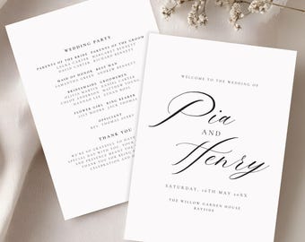 May include: Two white wedding programs with black text. One program lists the wedding party, including the bride and groom's parents, maid of honor, best man, bridesmaids, groomsmen, flower girl, ring bearer, and officiant. The other program says "Welcome to the Wedding of Pia and Henry."