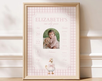 Pink Silly Goose My First Year Sign, Editable Milestone Board Template, Birthday Poster, Digital Download 8021