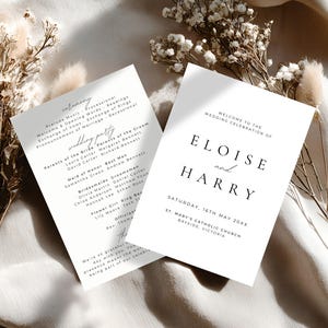 May include: Two white wedding ceremony programs with black text. One program reads "Eloise and Harry" and the wedding date. The other program lists the ceremony order and wedding party names.