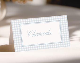 Blue Gingham Place Cards Printable, Editable Name Tags Template, Table Tags, Wedding Baby Shower Decor 7025