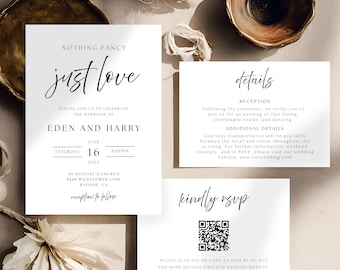 Nothing Fancy Just Love Wedding Invitation, QR Code RSVP Template, Editable Minimalist Invite, Modern Printable Design Instant Download 4022