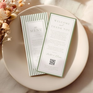 May include: Two wedding menu cards and a welcome card with green accents on a white plate. The menu card has vertical green stripes and the text "the MENU". The welcome card says "WELCOME and THANK YOU" with a QR code.