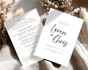 Modello di programma di matrimonio moderno e minimalista, programma di cerimonia modificabile, ordine di servizio stampabile, scheda del programma di matrimonio, download immediato 4034