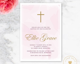 Girl Baptism Invitation Printable / Girl Christening Invite / Cross / Watercolor / Pink and Gold