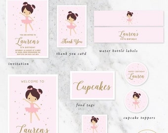 Ballerina Party Package / Ballerina Birthday Invitation / Pink Gold Ballerina Party Decorations / Ballerina Printable Party Pack / Ballerina