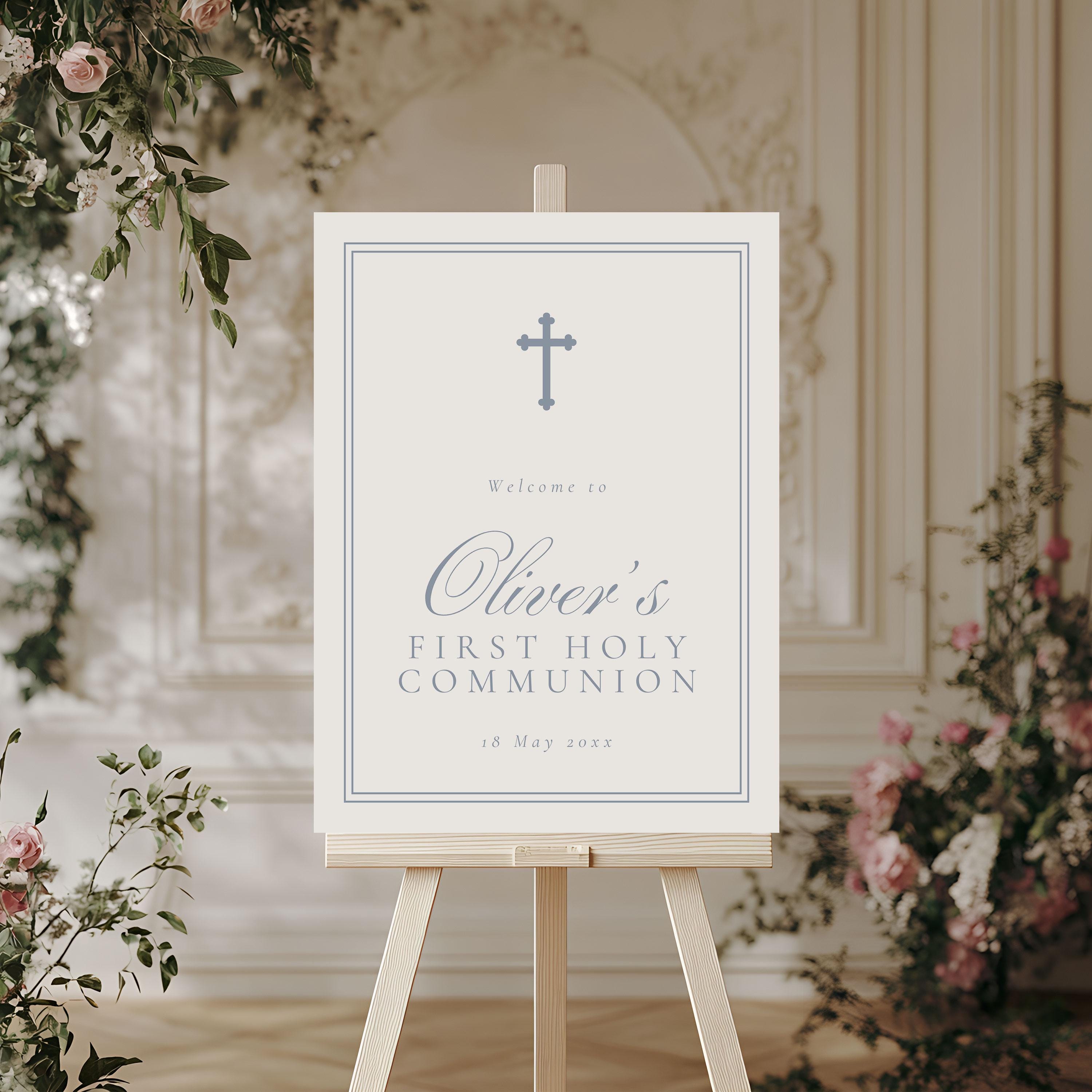 Communion Post Sign First Holy Communion Welcome Sign for Boy, Editable Template, Digital ...