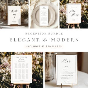 Elegantes Hochzeitsfeier-Bundle, bearbeitbarer Vorlagensatz, Willkommensschild, Sitzplan, Menü, druckbarer digitaler Download Moderne Hochzeiten 4011