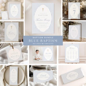May include: A baptism bundle featuring 14 templates with a blue and white vertical striped pattern. Each item displays a central oval frame containing a gold cross and text. The collection includes invitations, table numbers, menus, and labels.
