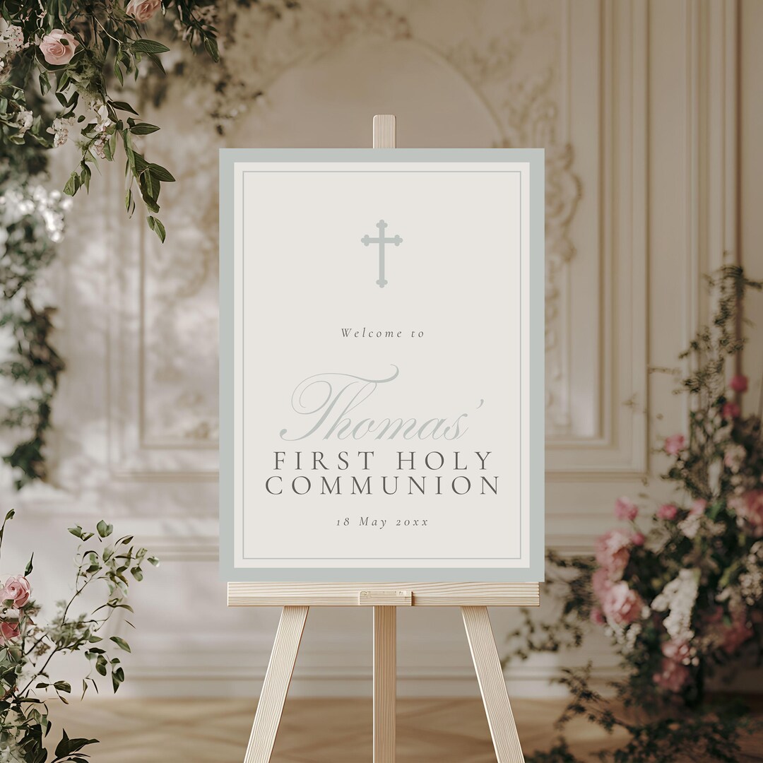 First Communion Welcome Sign First Holy Communion Welcome Sign for Boy, Blue Editable Template ...