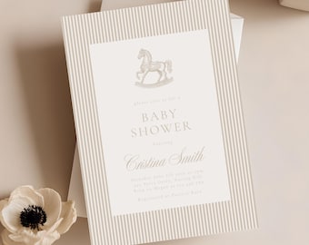 Rocking Horse babyshower uitnodigingssjabloon, bewerkbare digitale download, beige genderneutraal, afdrukbaar ontwerp 3038