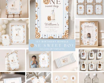 One Sweet Boy Birthday Bundle, Digital Invite, Printable Cookie Birthday Theme, Boy 1st Birthday Celebration 8022