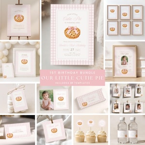 Puede incluir: Un conjunto para primer cumpleaños con patrón de cuadros vichy rosa y blanco e ilustración de tarta. Incluye invitaciones, carteles, etiquetas de comida, etiquetas de regalo, etiquetas para botellas y plantillas de fotos.