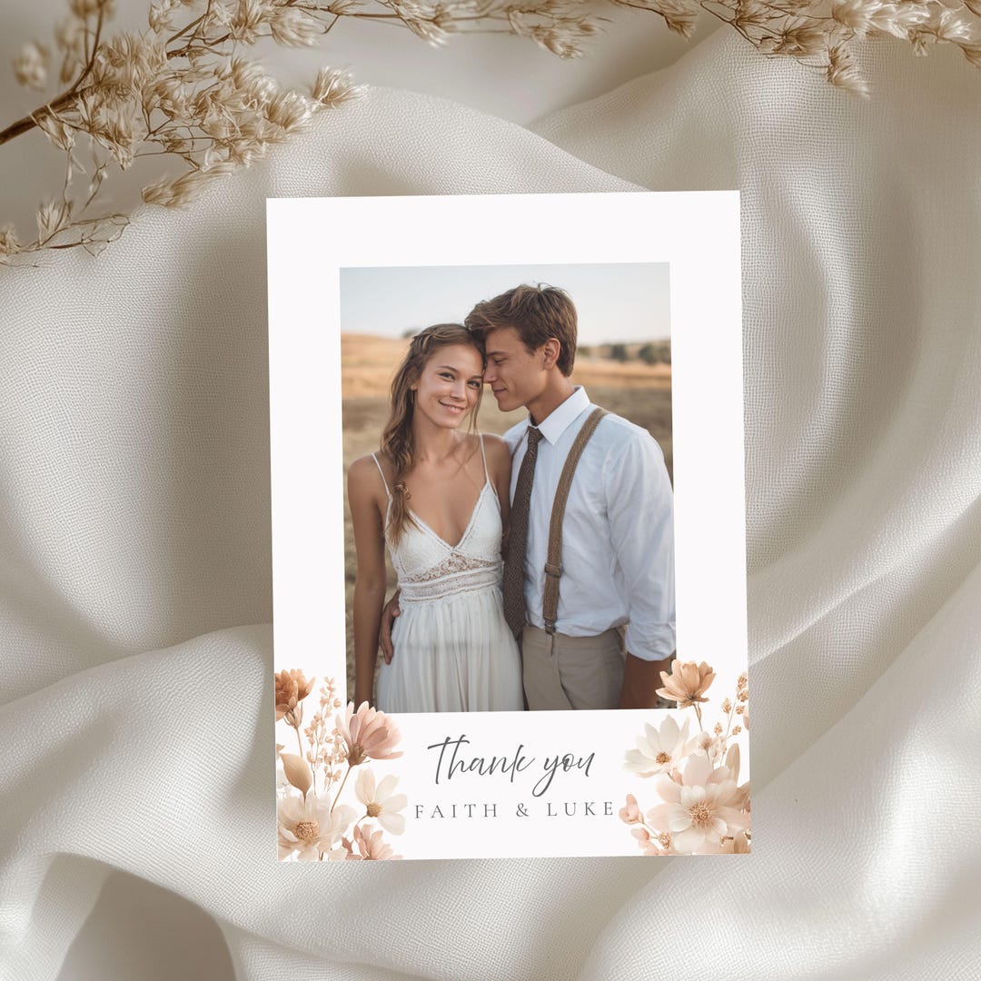 Terracotta Wildflower Wedding Thank You Card With Photo, Editable ...