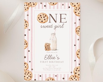 One Sweet Cookie Birthday Invitation, Editable Milk and Cookies Party Invite, Digital Download Template 8023