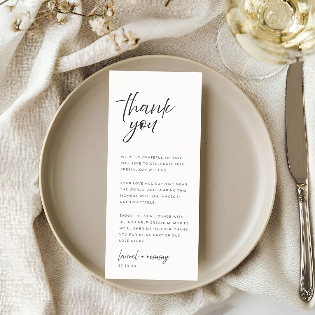 Modern Minimal Wedding Table Thank You Card Template, Editable Note ...