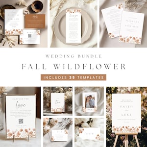 Autumn Wildflower Wedding Bundle Template, Fall Floral Suite, 35 Canva Templates Fall Wedding Suite, Printable Invitation & Signage Set 4019
