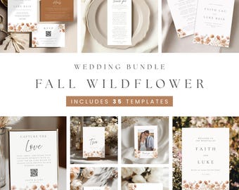 Autumn Wildflower Wedding Bundle Template, Fall Floral Suite, 35 Canva Templates Fall Wedding Suite, Printable Invitation & Signage Set 4019