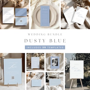 Dusty Blue Wedding Bundle Template | Editable Invite Suite with QR Code | Printable Wedding Stationery | Canva Design Download 4015