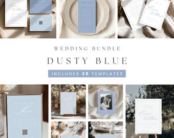 May include: A wedding bundle featuring various stationery items in a dusty blue color scheme. The image includes invitation cards, table cards, and a welcome sign. The text on the items includes "Wedding Bundle", "Dusty Blue", and "Includes 35 Templates".