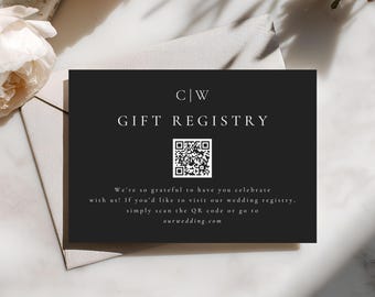 Black Modern QR Gift Registry Card, Editable Template for Weddings & Baby Showers, Minimalist Printable Registry Insert, Custom QR Card 4033