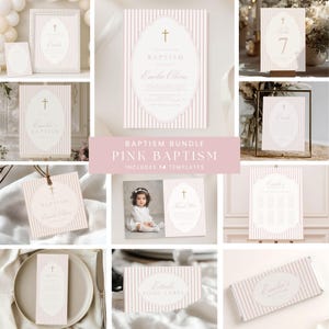 May include: A baptism bundle of 14 templates featuring a pink and white vertical striped pattern. Each item displays a central oval frame with a gold cross icon and elegant typography. The collection includes invitations, menus, signs, and labels.