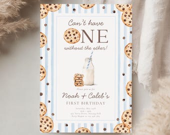 Milk and Cookie Twin Boys First Birthday Invite, Editable Template for Twins, Cute 1st Birthday Invitation 8024