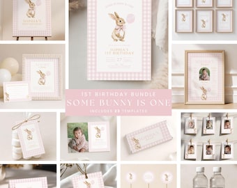 Some Bunny is One Birthday Bundle, Pink Gingham Editable Templates, First Birthday Decorations, Digital Download, Party Set 8020