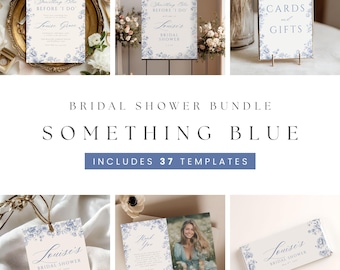 Op de afbeelding: Een verzameling van "Something Blue" bruidsdouche briefpapier sjablonen. De ontwerpen hebben elegante blauwe bloempatronen op uitnodigingen, bewegwijzering en bedankkaarten. De bundel bevat 37 sjablonen.