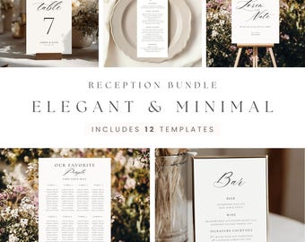 May include: A collection of elegant and minimal wedding reception templates. Includes a table number card with the number 7, a menu card, a welcome sign, a seating chart, and a bar menu. The text includes "Reception Bundle", "Elegant & Minimal", and "Includes 12 Templates".