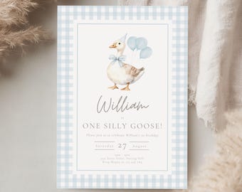 One Silly Goose Birthday Invite Boy, Editable Digital Template, First Birthday Party, Cute Goose Design 8019
