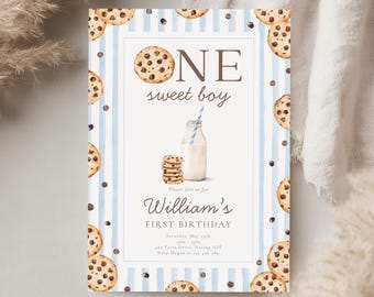 One Sweet Boy Cookie First Birthday Invitation, Editable Digital Invite for Boy's 1st Birthday Celebration 8022