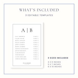 Op de afbeelding: Een minimalistische trouwzittingstabel sjabloon met de tekst "WHAT'S INCLUDED" en "3 EDITABLE TEMPLATES". De tabel bevat namen en tafelnummers, met maatopties van 10x15, 13x18 en 20x25 cm.