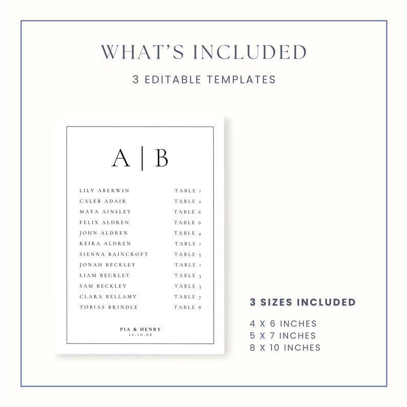 Op de afbeelding: Een minimalistische trouwzittingstabel sjabloon met de tekst "WHAT'S INCLUDED" en "3 EDITABLE TEMPLATES". De tabel bevat namen en tafelnummers, met maatopties van 10x15, 13x18 en 20x25 cm.