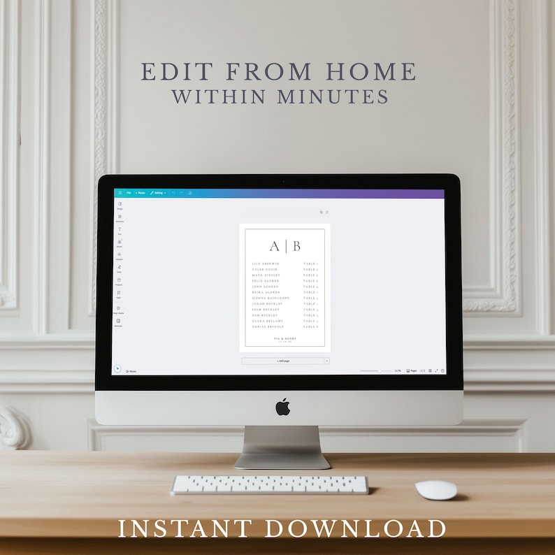 Op de afbeelding: Een computerscherm toont een sjabloon voor een huwelijkszitting. De tekst op het scherm luidt "EDIT FROM HOME WITHIN MINUTES" en "INSTANT DOWNLOAD". De zitplaatsindeling is een minimalistisch ontwerp met namen en tafeltoewijzingen.