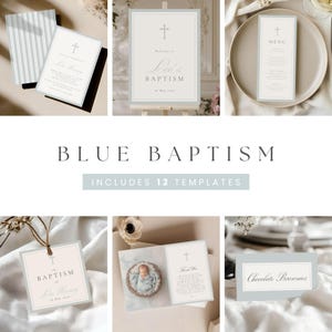 May include: A collection of baptism templates in a soft blue color scheme. The templates include invitations, menus, and signage, all featuring a cross design. The text "Blue Baptism" and "Includes 12 Templates" are displayed.