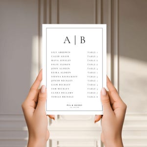 Op de afbeelding: Een minimalistische trouwzittingstabel met een zwarte rand. De tabel bevat namen en tafelnummers, met de initialen "A" en "B" bovenaan. De namen zijn in twee kolommen gerangschikt. De onderkant van de tabel luidt "PIA & HENRY 12.10.XX".