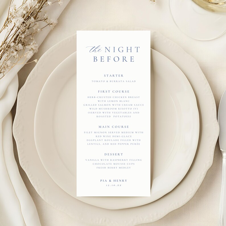 The Night Before Menu Template, Editable Rehearsal French Blue Dinner ...