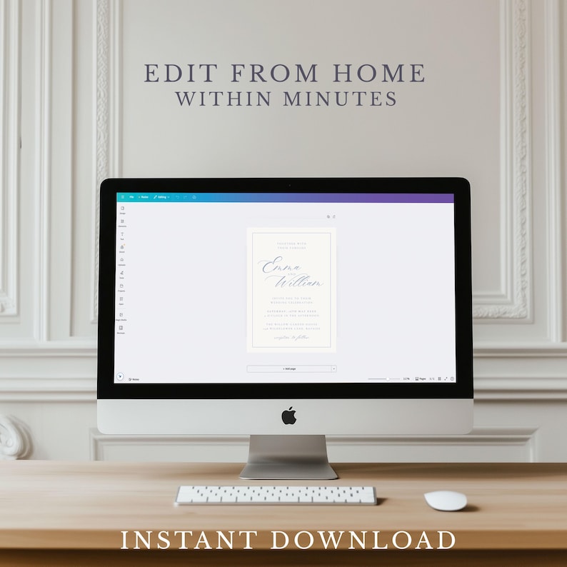 May include: A desktop computer displays a wedding invitation template with the names "Emma & William." The screen shows the text "Edit From Home Within Minutes" and "Instant Download." The computer sits on a wooden desk with a keyboard and mouse.