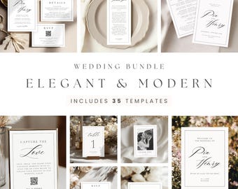 May include: A selection of modern wedding stationery templates, including invitations, RSVP cards, and signage. The design features a minimalist aesthetic with black text on a white background. The text includes "Pia & Henry", "Wedding Bundle", and "Elegant & Modern".