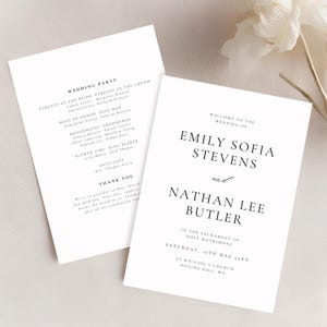 May include: Two white wedding programs with black text. One program lists the wedding party, including the bride and groom's parents, maid of honour, best man, bridesmaids, groomsmen, flower girl, ring bearer, and officiant. The other welcomes guests to the wedding of Emily Sofia Stevens and Nathan Lee Butler.