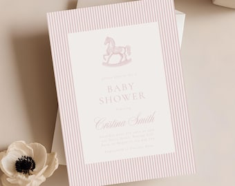 Hobbelpaard babyshower uitnodiging sjabloon meisje, digitale download, aanpasbaar, afdrukbare uitnodiging 3020