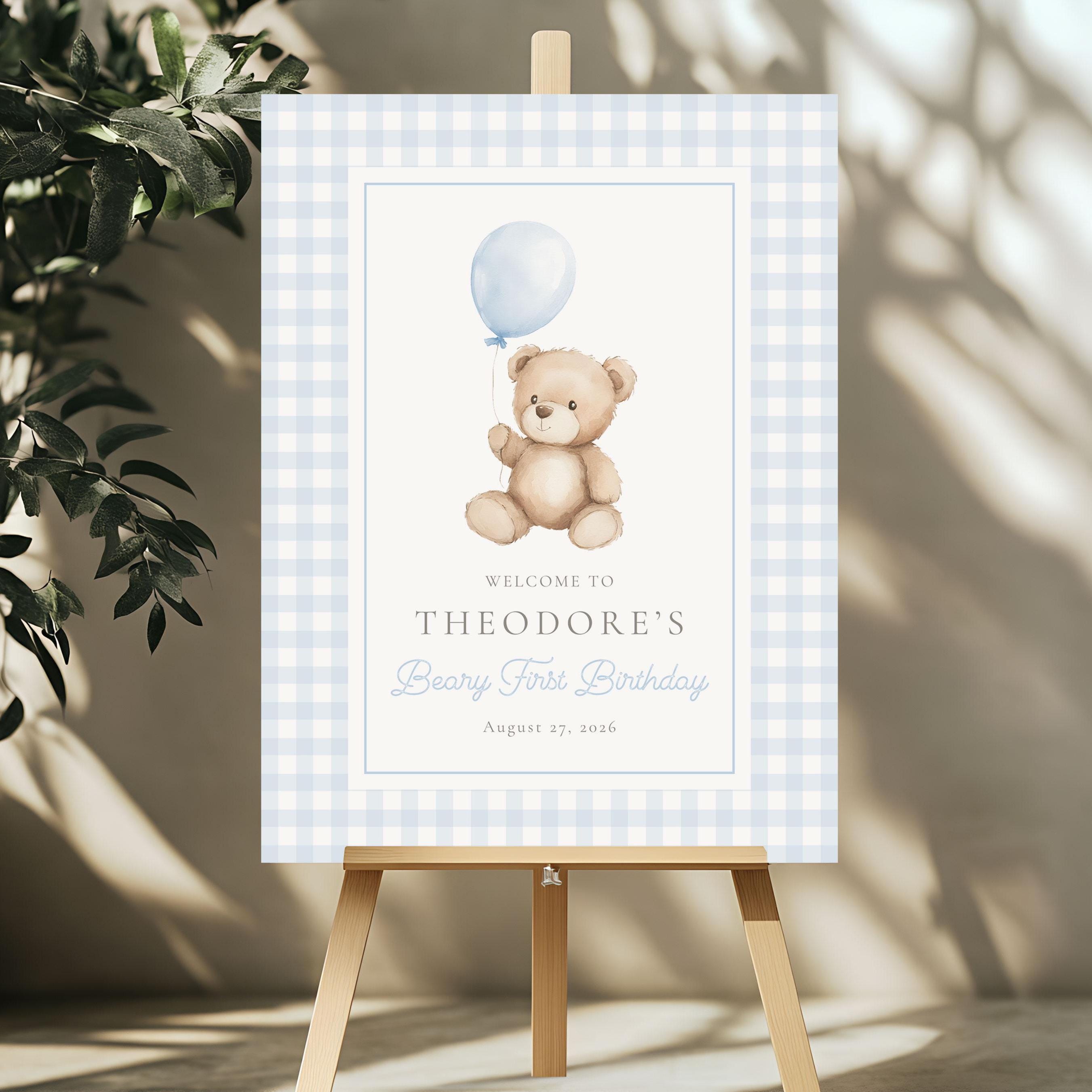 Teddy Bear 1st Birthday Welcome Sign, Blue Gingham Boy Party Decor ...