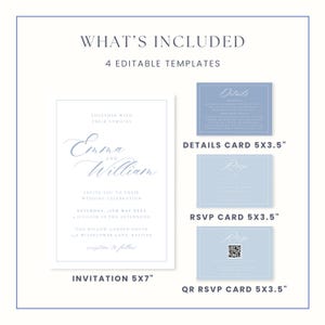 May include: A wedding invitation suite with a white background and blue text. The suite includes an invitation, details card, RSVP card, and QR RSVP card. The invitation is 5x7 inches, and the other cards are 5x3.5 inches. The text includes the names "Emma and William".