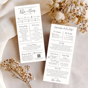 Puede incluir: Dos programas de boda blancos con texto negro, que detallan la boda de Ella y Chris. Uno enumera la fiesta de bodas y los detalles de la ceremonia. El otro comparte datos curiosos y notas de agradecimiento.